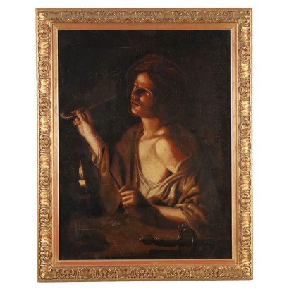 Antique Painting Young Man with a Pipe Oil on Canvas XVIII Century