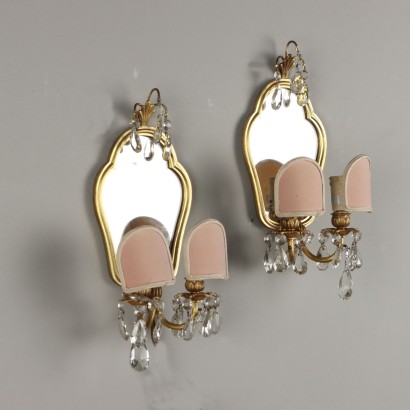 Pair of Antique Small Mirrors Gilded Bronze Cloth Italy XX Century