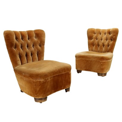 Paar Vintage Sessel aus Holz und Samt Italien der 40er Jahre