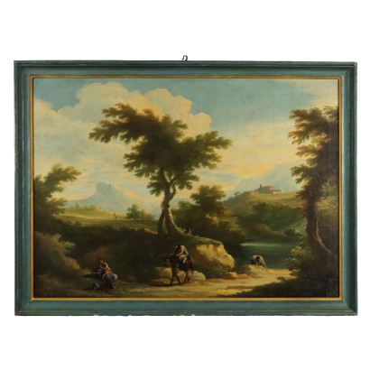Tableau Ancien Paysage avec Lavandières Huile sur Toile XIXe Siècle