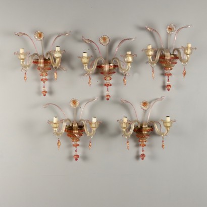 Group of 5 Antique Wall Lamps Murano Glass Italy XX Century