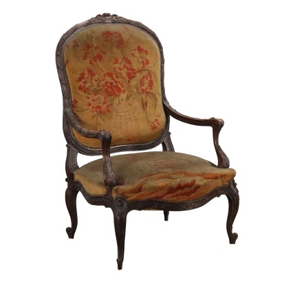 Antiker Sessel im Barockstil aus Walnuss Stoff Italien des XIX Jhs