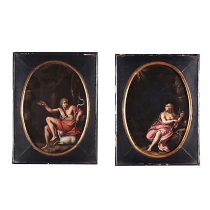 Pair of paintings on slate, the penitent Magdalene and Saint John