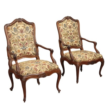 Pair of Antique Baroque Armchairs Wood Fabric XIX Century