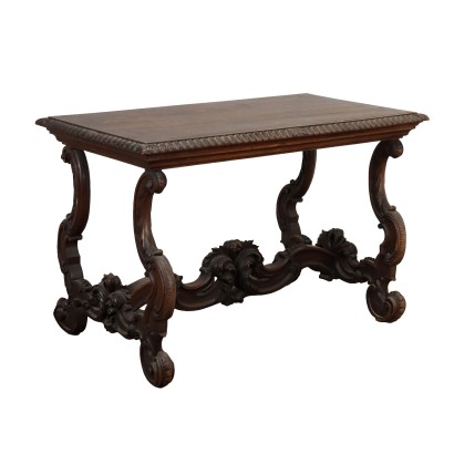 Table Néo-Baroque Ancienne en Noyer Décorations Italie XXe Siècle