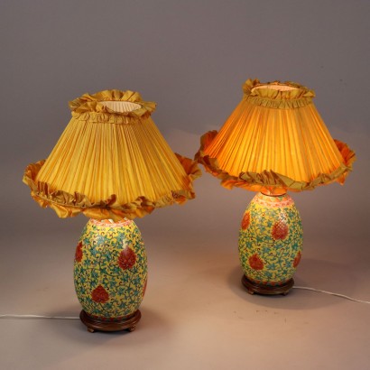 Paire de Lampes de Table Anciennes en Porcelaine et Tissu Chine '900