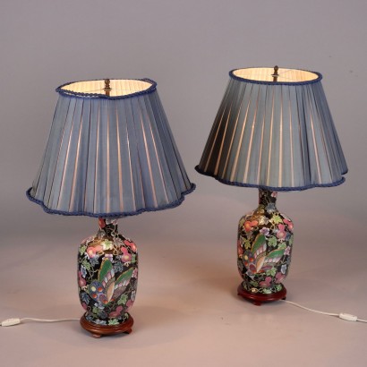 Paar Antike Tischlampen aus Porzellan und Stoff China XX Jhd