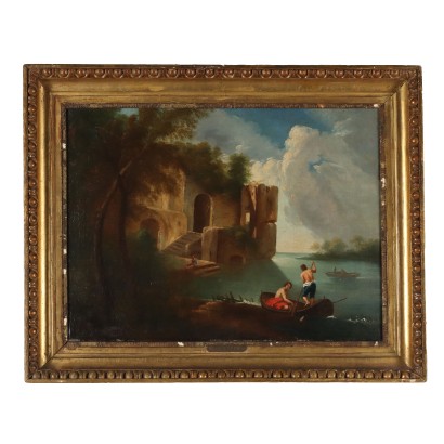 Antique Painting with Landscape Oil on Canvas XIX Century