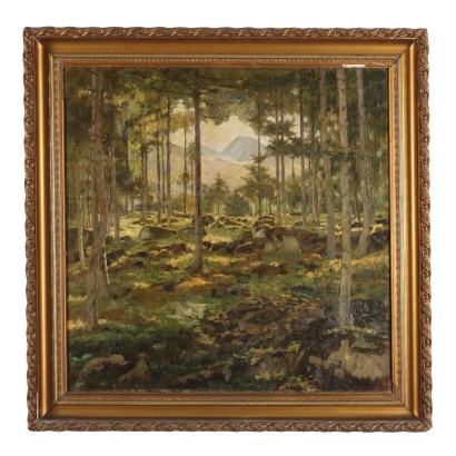 Modern Painting Landscape with Forest Oil on Canvas XX Century