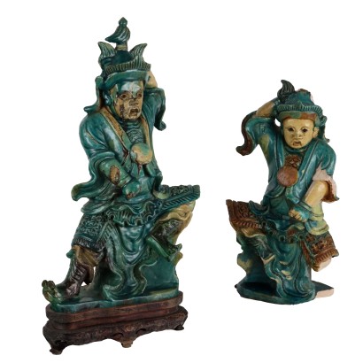 Pair of Antique Sculptures Chinese Warriors Stoneware Ming Era
