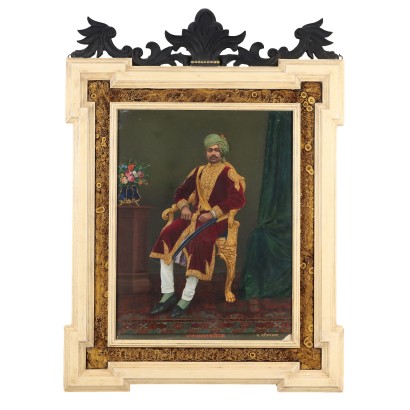 Antikes Gemälde Porträt eines Rajas Öl auf Papier des XX Jhs