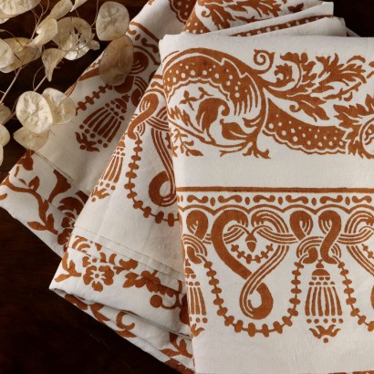 Antique Hand Printed Tablecloth Rusty Coloured XX Century
