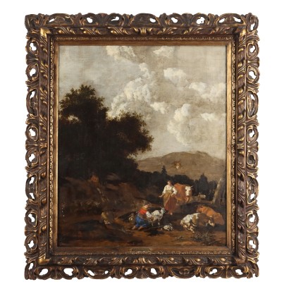 Antique Painting with Landscape Oil on Canvas XVII-XVIII Century