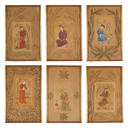 Grupo de seis miniaturas iraníes pintadas sobre papel.