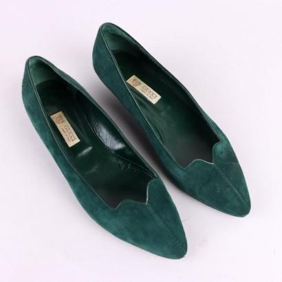 Vintage 1980s Gucci Ballerina Shoes Green Suede Leather UK Size 6,5