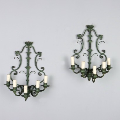 Pair of Antique 5 Lights Wall Lamps Wrought Iron XX Century