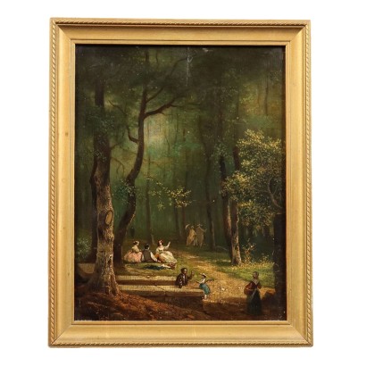 Antique Painting with Landscape Oil on Hardboard XIX Century