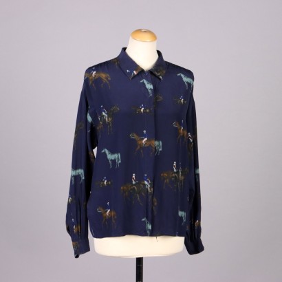 Vintage 1980s Marly's Shirt Blue Silk with Horses UK Size 16
