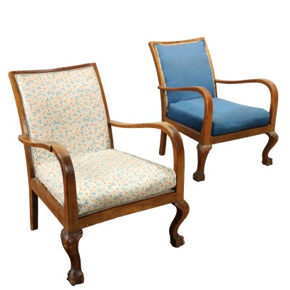 Pair of 1930s La Soggiorno Armchairs Carved Wood Italy