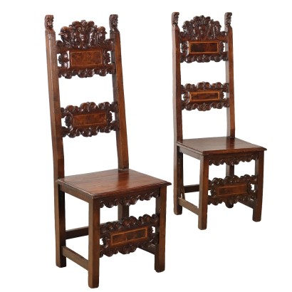 Pair of Antique Baroque High Chairs Walnut Italy XVIII Century