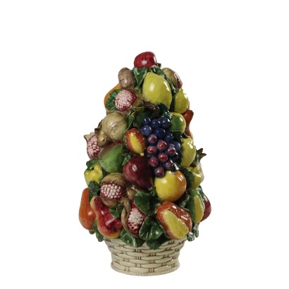 Panier Ancien avec Pyramide de Fruit Céramique Italie XXe Siècle