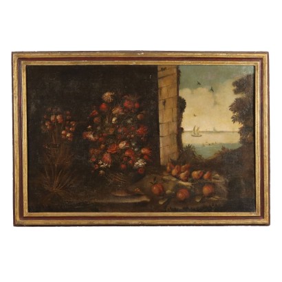 Still life painting with flowers and fruit