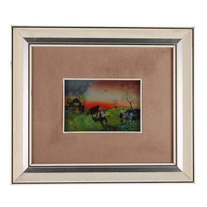 Tableu Contemporain de M. Previ Huile sur Verre 1980