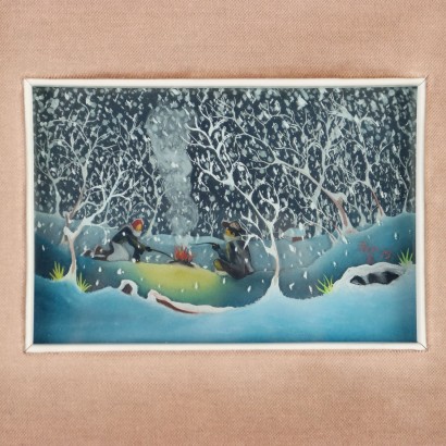Naives Gemälde von Mario Previ,Das Lagerfeuer während des Schneefalls,Mario Previ,Mario Previ,Mario Previ,Mario Previ