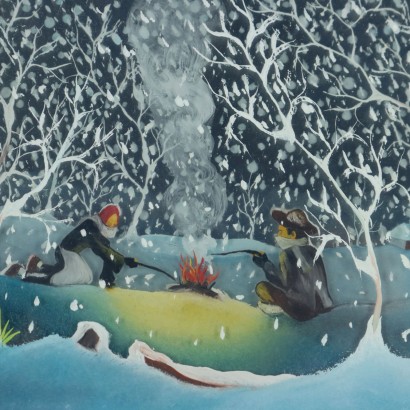 Peinture naïve de Mario Previ,Le feu de joie pendant la chute de neige,Mario Previ,Mario Previ,Mario Previ,Mario Previ