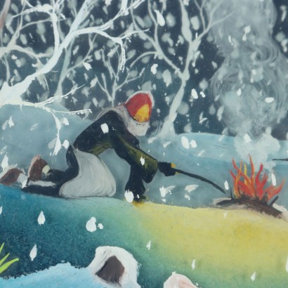 Peinture naïve de Mario Previ,Le feu de joie pendant la chute de neige,Mario Previ,Mario Previ,Mario Previ,Mario Previ