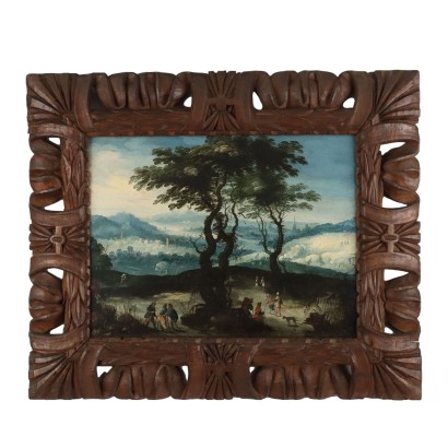 Antikes Gemälde mit Flämischen Landschaft Öl auf Holzbrett '500