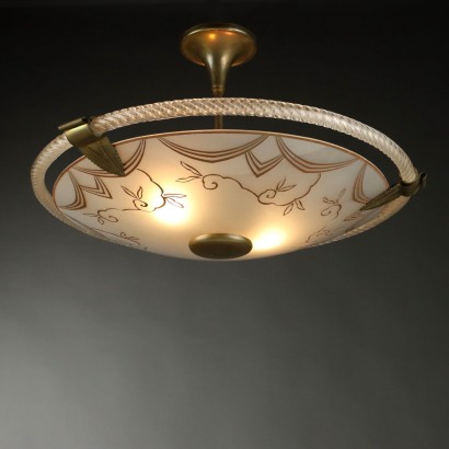 Vintage 1950s Ceiling Lamp Brass Glass Italy