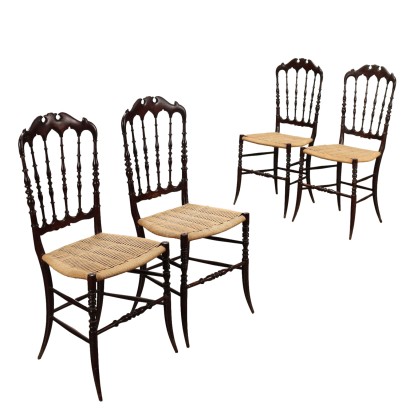 Group of 4 Antique Chairs Maple Raffia XIX Century