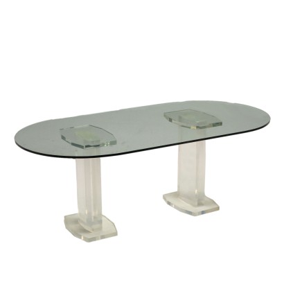 Vintage 1980s Table Crystal Top Plexiglas Feet Italy