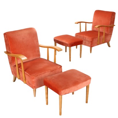 Two armchairs with footstools from the 80s