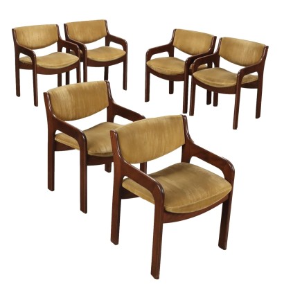 Group of 6 Vintage 1960s-70s Chairs Wood Velvet Italy