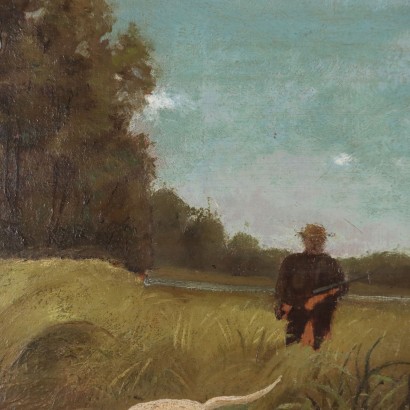 Peinture de paysage avec des personnages de chasse