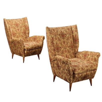 Pair of Vintage 1950s Bergère Armchairs Fabric Wood Italy