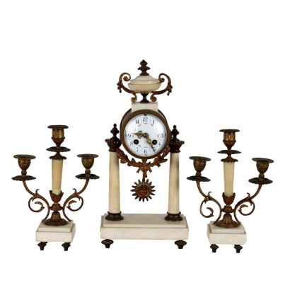 Antique Tryptich Clock Bronze White Marble France XIX Century