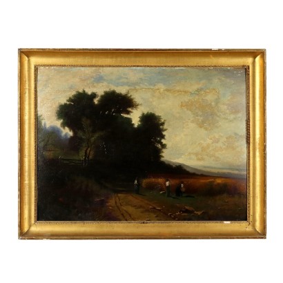 Modern Painting Landscape with Figures Oil on Cardboard XX Century