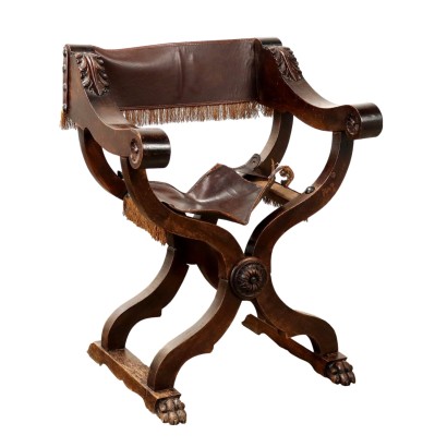 Antique Neo-Renaissance Chair Walnut Leather Italy XX Century