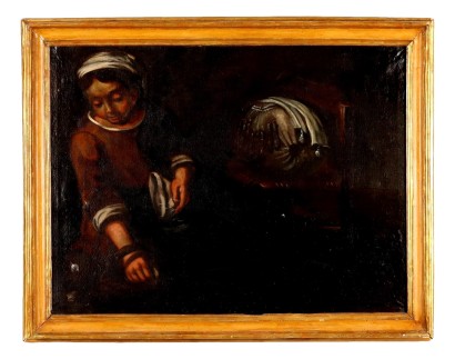 Malerei der jungen Frau beim Nähen