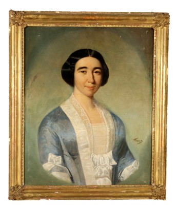 Antikes Gemälde Weibliches Porträt Öl auf Leinwand des XIX Jhs