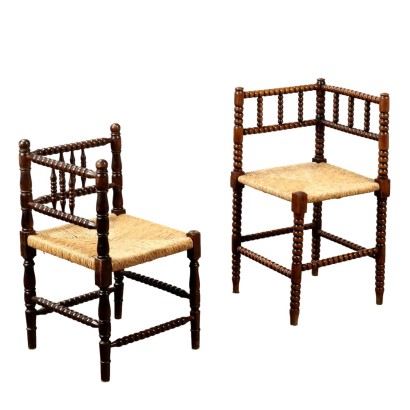 Pair of Antique Corner-Shaped Chairs Beech Straw XX Century