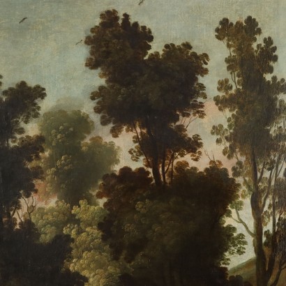 Peinture de paysage avec figure, paysage boisé avec figure