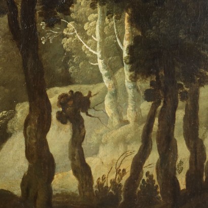 Peinture de paysage avec figure, paysage boisé avec figure