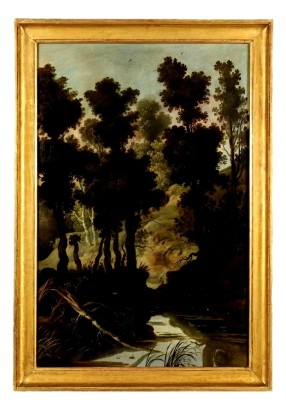 Antique Painting with Landscape Oil on Canvas XVIII Century