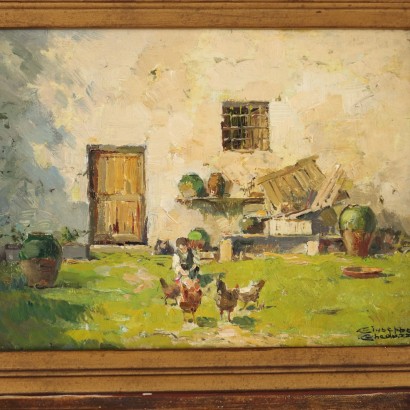 Peinture de Giuseppe Gheduzzi,Fille paysanne avec des poulets,Giuseppe Gheduzzi,Giuseppe Gheduzzi,Giuseppe Gheduzzi