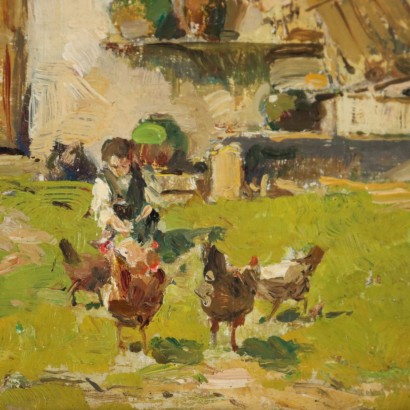 Peinture de Giuseppe Gheduzzi,Fille paysanne avec des poulets,Giuseppe Gheduzzi,Giuseppe Gheduzzi,Giuseppe Gheduzzi