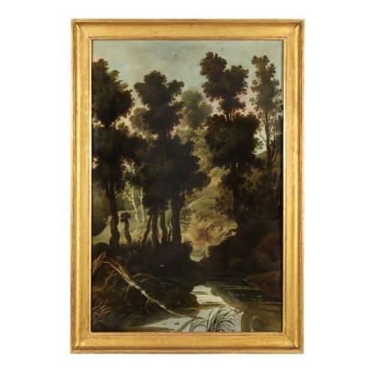 Antikes Gemälde mit Landschaft Öl auf Leinwand des XVIII Jhs